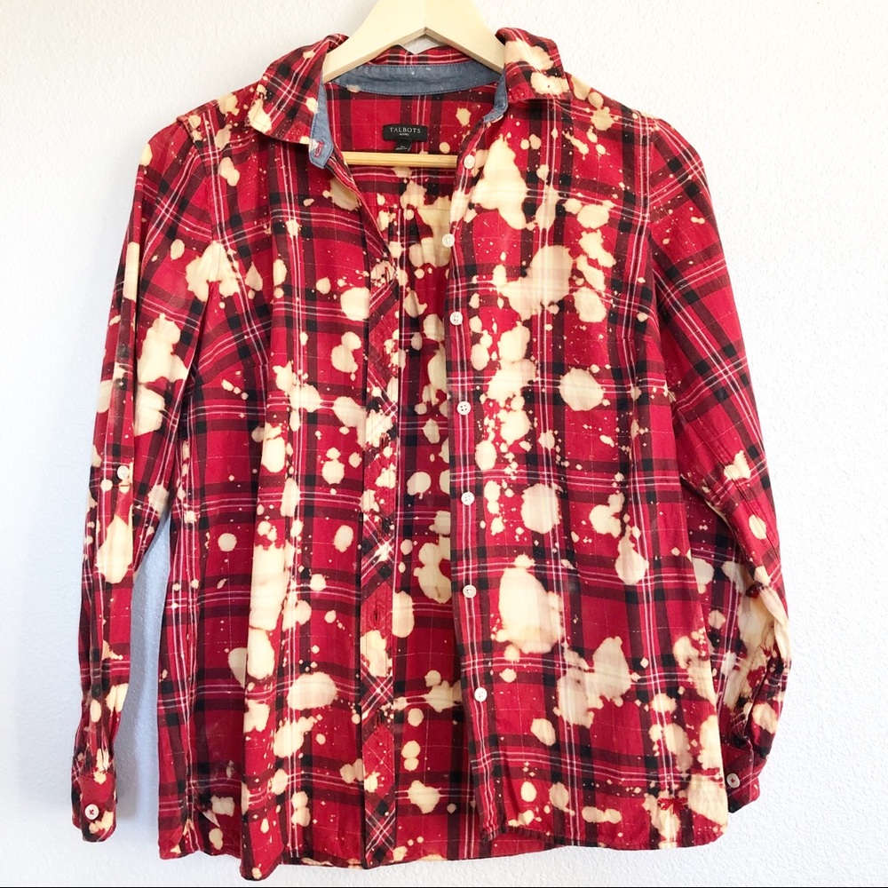 Talbots Bleached Tie Dye Red & Black Flannel Top
